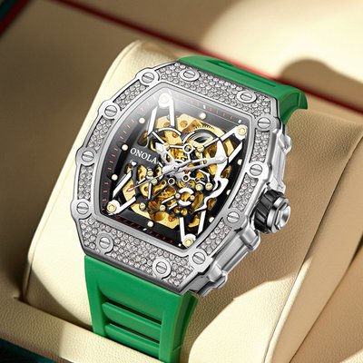 【潮裡潮氣】滿鑽時尚設計爆款奧駱納/ONOLA全自動機械手錶男士矽膠帶防水3829D
