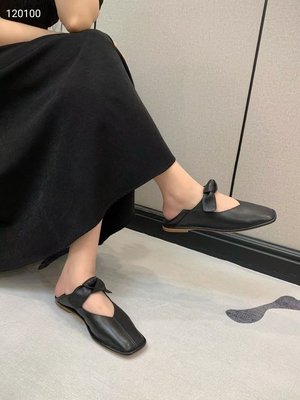 【熱賣精選】全真皮平底鞋時尚羊皮女鞋瑪麗珍蝴蝶結後踩平底鞋  HEREU597