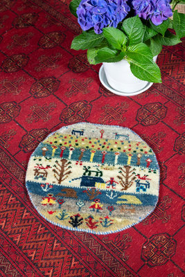 新品ZAMANI? 圓形迷你地毯 掛毯地墊波斯牧民純手工編織波西米亞風格