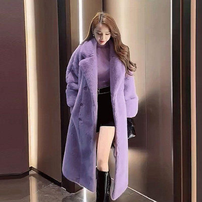 紫色仿羔羊毛外套女高級感別緻獨特中長款寬鬆毛絨大衣外套女 大尺碼 韓版外套  女外套 大尺碼女裝