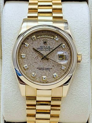 重序名錶 ROLEX 勞力士 118208 Day-Date 特殊化石面盤 鑽石時標 18K黃金 自動上鍊腕錶
