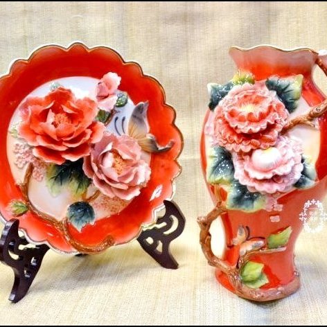 中國風立體紅色牡丹花陶瓷花瓶花器造型聚寶瓶花好月圓花開富貴過年應景 