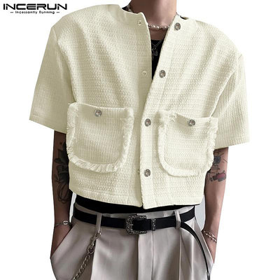 Incerun 男士韓版時尚流蘇編織短款短袖襯衫满599免運