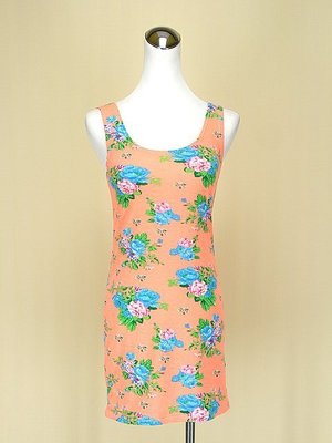 螢光橘花朵圓領無袖棉質洋裝連身裙長版內搭S號(54017)