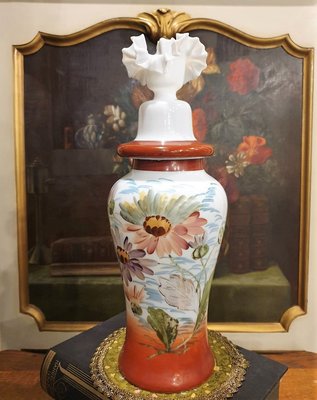 【卡卡頌 歐洲古董】法國老件 全 手繪 手工 花朵  大玻璃  花瓶  歐洲老件 g0605 ✬
