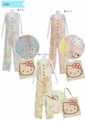 日本正版三麗鷗Sanrio凱蒂貓Hello Kitty睡衣 居家服 旅行渡假服 附多功能收納包 海島風 連身褲裝 米白L