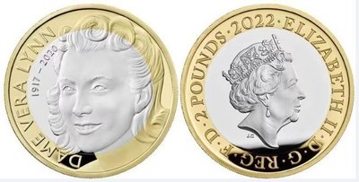 【熱賣精選】英國 2022年  女歌手 薇拉琳恩 2英鎊 雙金屬 紀念幣 全新BU級
