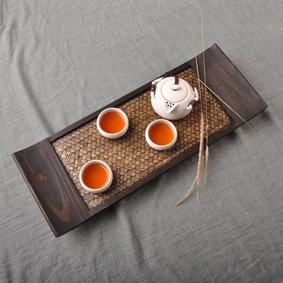 【熱賣精選】泰國進口竹編長方形帶腳實木茶盤木托盤果盤茶道配件-LK9168