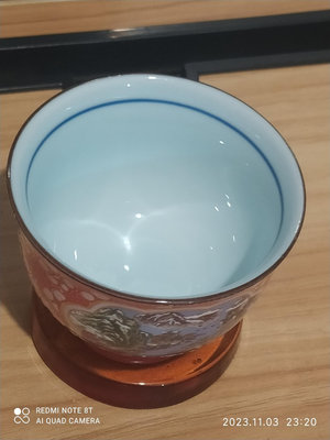 TL-PHOENIX 瓷茶杯(開窗彩繪山水描金梅花紅底）