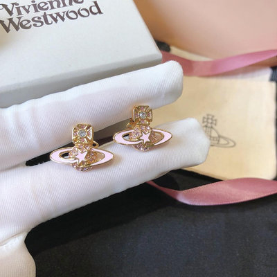 Vivienne Westwood西太後粉色鑽土星耳環 滿鑽耳釘 貼耳耳飾 輕奢飾品 首飾代購#