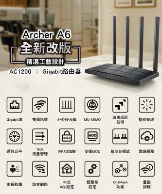 公司貨含發票~TP-Link Archer A6 AC1200雙頻 Giga 無線路由器 分享器 MOD支援
