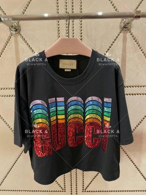 【BLACK A】Gucci 23SS女裝新款 彩色亮片刺繡logo純棉短袖T恤 黑色短版/白色 價格私訊