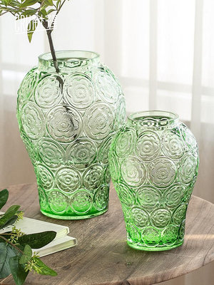 法式浮雕玻璃花瓶客廳插花高級感擺件透明琉璃花器 宮廷瑤瑤小鋪