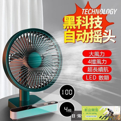 【現貨】低噪音．四段風力電風扇 自動搖頭 數顯 桌面風扇 USB電扇 桌面落地電扇 涼風扇 小風扇 充電風扇 市集