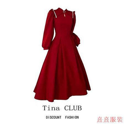 小美の店Tina CLUB大尺碼女裝秋季胖mm新中式改良旗袍酒紅色敬酒禮服洋裝