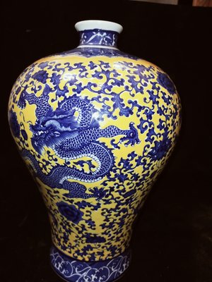 B0046 清乾隆 青花龍紋賞梅瓶 高40cm 腹寬23cm 官窯黃青花藍釉龍瓷瓶 瓷花瓶