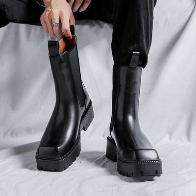 切爾西馬丁靴男款冬季方頭黑色英倫風中幫靴子增高厚底高幫機車靴