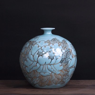 花瓶陶瓷手繪青釉描金花瓶新中式電視柜家居裝飾品擺件工藝品