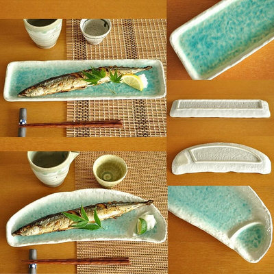 日本製瀨戶燒 土耳其藍 半月形盤 長方形盤 陶瓷 秋刀魚盤 日式餐盤 盤子 盤 餐盤 小菜盤