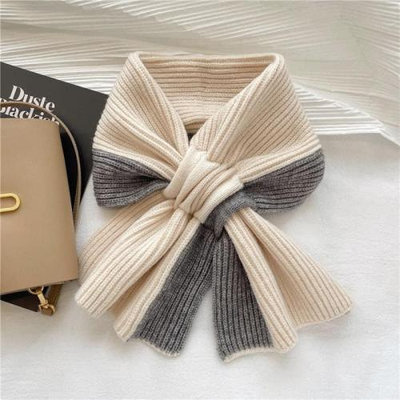 韓國交叉針織拼色保暖護頸短款小圍巾