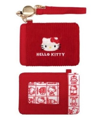♥小花花日本精品♥ Hello Kitty 燈芯絨票卡包  證件套 車票夾 附伸縮易拉扣拉繩 ~ 8