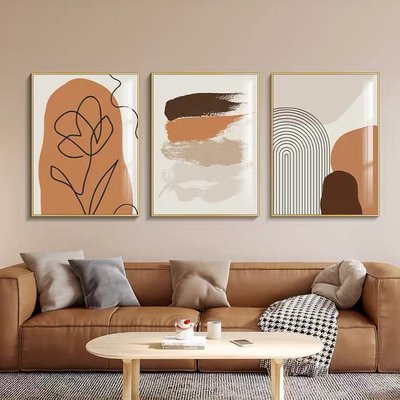 現貨熱銷-現代簡約客廳裝飾畫抽象沙發背景墻掛畫北歐橙色三聯畫墻面壁畫~特價