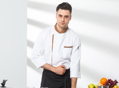 咖啡領單排白色銅扣廚師服 長袖 餐廳廚房制服