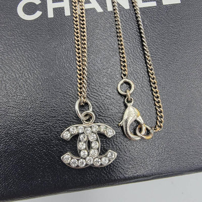 Chanel vintage香奈兒復古經典銀色水鑽cc標誌項鍊
