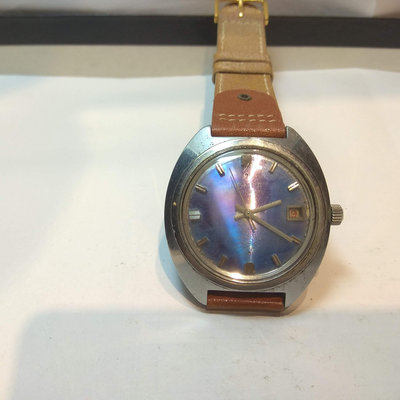【古錶傳承】瑞士 Pompa 古董錶 機械錶 手上鏈 藍面 日期 膠鏡 立體時標 皮帶 無底價 標多少都賣！