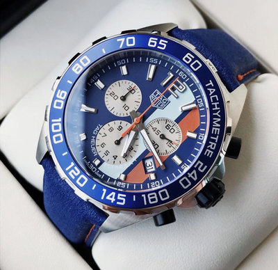 TAG HEUER Formula 1 Gulf 條紋藍色錶盤 藍色皮革錶帶 石英 三眼計時 男士手錶 CAZ101N.FC8243 豪雅 FI