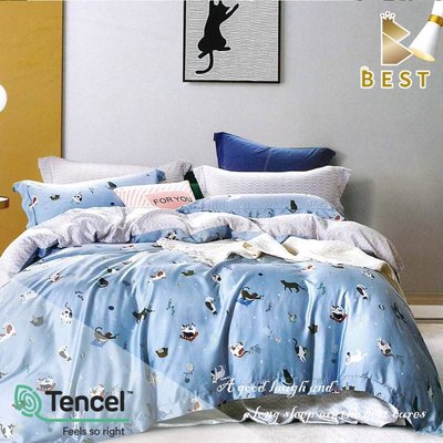 【BEST寢飾】 100%頂級天絲兩用被床包組 加大6x6.2尺 快樂時光-藍