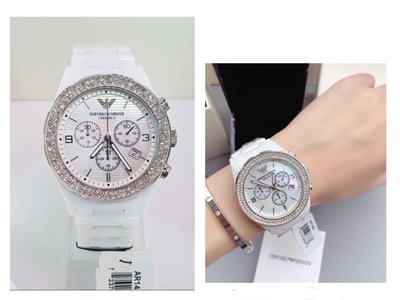 EMPORIO ARMANI 珍珠貝母錶盤 白色陶瓷材質錶帶 三眼計時 石英 女士手錶AR1456腕錶