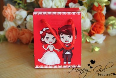 【蜜糖女孩】中式 紅色 愛心白紗心心相印 帶喜 囍字喜糖手提紅繩紙盒 告白情人節包裝盒 婚禮小物 喜糖盒