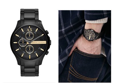 ARMANI EXCHANGE Hampton 黑色錶盤 黑色不鏽鋼錶帶 石英 三眼計時 男士手錶 AX2164