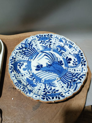 日本回流瓷器古董清代老青花克拉克瓷盤，畫工發色漂亮，青花花鳥