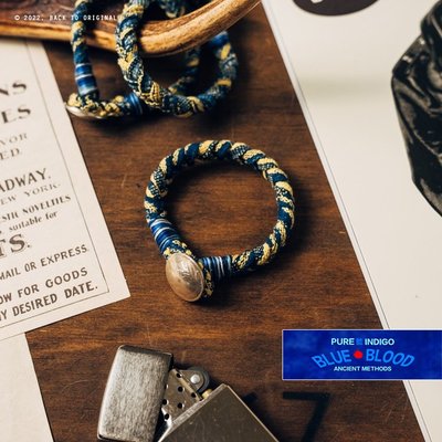 BTO 中國【BLUE BLOOD】匠人手工編織 黃藍古布印地安銀幣扣手環