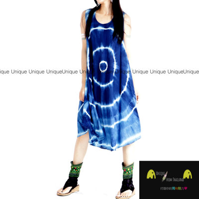 Unic＠泰國進口植物染🌳背心洋裝『TD263藍手工植物綁染❄️超涼感❄️削肩背心中長洋裝』異國風 波希米亞風 洋裝