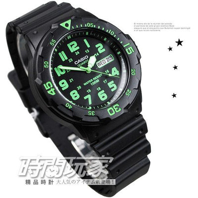 CASIO卡西歐 MRW-200H-3B 原價1105 指針錶 黑面 綠色數字時刻 黑色橡膠【時間玩家】