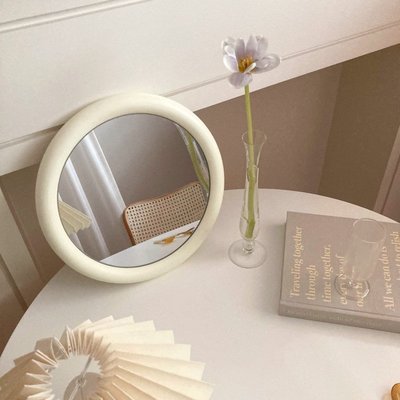 【熱賣下殺】click奶油色ins風壁掛圓鏡子韓國博主同款化妝鏡實木框墻面裝飾