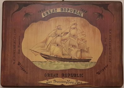 【波賽頓-歐洲古董拍賣】歐洲/西洋古董 意大利早期 19世紀 1868年式 手繪帆船擺飾(木盤底座)