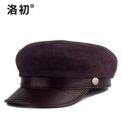 愛麗絲男女春秋平頂海軍帽英倫復古真皮帽子韓版學生帽羊皮鴨舌貝雷帽潮