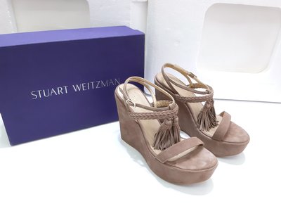 Stuart Weitzman 專櫃 正品 卡其駝 麂皮 流蘇 綁帶 楔形涼鞋 37