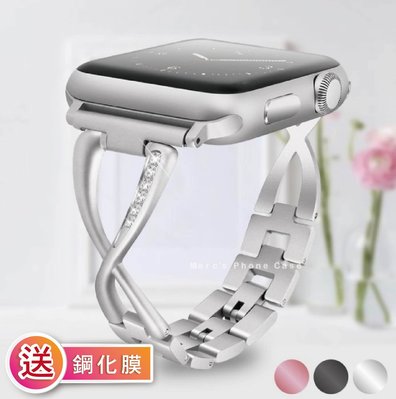 Apple watch SE/S4/S5/S6 38 40 42 44mm 不鏽鋼 水鑽 鍊帶 鋼帶 錶帶 替換帶 表帶