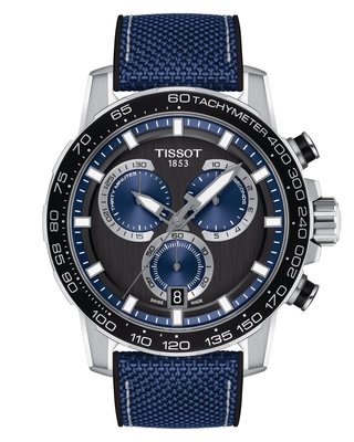 TISSOT Supersport Chrono 黑色配藍色面錶盤 牛仔布拼皮革錶帶 石英 三眼計時男士手錶 T1256171705103 天梭腕錶