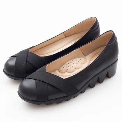 MIT系列-牛皮交叉鬆緊帶厚底包鞋-Selly-沙粒-(MIT76)-黑色38碼