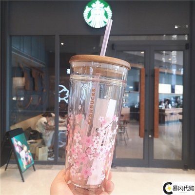 星巴克韓國粉色櫻花木蓋吸管杯大容量雙層耐熱玻璃杯少女心水杯子~特價~米奇妙妙屋超夯 精品