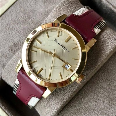BURBERRY 金色錶盤 酒紅色配格紋皮革錶帶 石英 女士手錶 BU9111