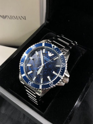 EMPORIO ARMANI Diver Automatic 立體波紋藍色面錶盤 銀色不鏽鋼錶帶 男士 自動機械錶 AR60059 亞曼尼腕錶