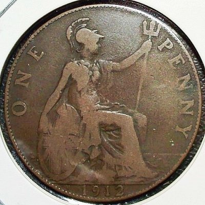 （古早收藏）【牟根錢幣-160206】1912年 英國 喬治五世 ONE PENNY 銅幣