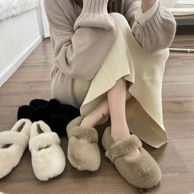 日式冬季毛毛豆豆鞋女外穿芭蕾平底鞋法式配裙子刷毛厚款棉鞋一字帶瑪麗珍鞋子